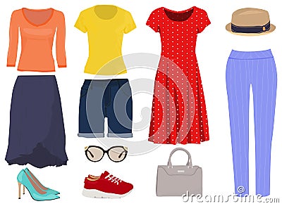 Womans clothing color icon set, female wear symbols collection, vector sketches, logo illustrations, girls apparel signs Vector Illustration