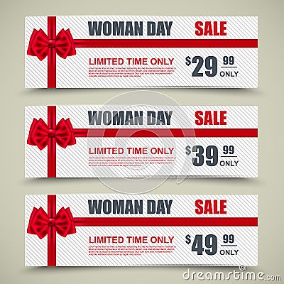 Womans Day collection sale banners with bows Vector Illustration