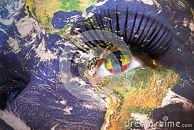 Womans face with planet Earth texture and ethiopian flag inside the eye. Stock Photo