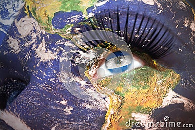 Womans face with planet Earth texture and nicaraguan flag inside the eye Stock Photo