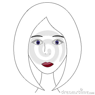 Womans face. Sketch. The head of the girl in full face. Vector illustration. Classic bob hairstyle. Nice lady with violet eyes. Vector Illustration