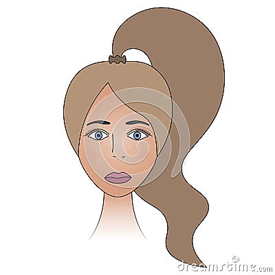 Womans face. Tanned lady. Long hair tied in a ponytail. Colored vector illustration. Blonde with blue eyes. Vector Illustration