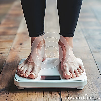 Womans feet on weight scale, health monitoring, fitness progress Stock Photo