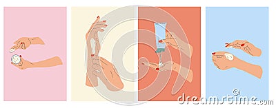 Womans hand collection hands of different gestures. Vector Illustration