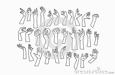 Womans hand collection line set bundle. Vector feminine Illustrations of female hands of different gestures. Lineart in Vector Illustration