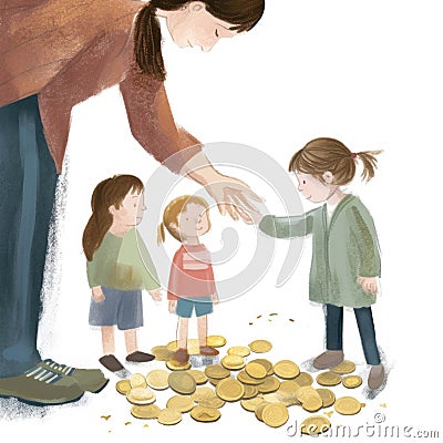 A womans hand handing out a pile of coins to a group of children while her husband stands in the background.. AI Stock Photo