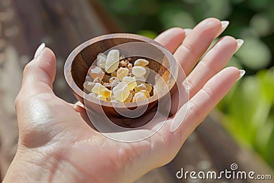 womans hand holding a small wooden bowl with frankincense oil and resin Stock Photo