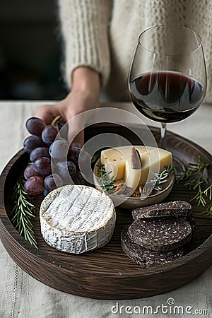 A womans hand holds a wooden tray with a cheese plate, grapes, and a glass of red wine Stock Photo