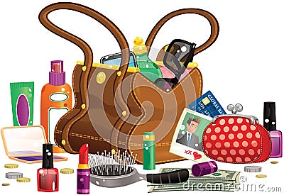 Womans handbag and contents Vector Illustration