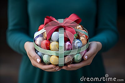A womans hands hold a colorful box with a ribbon Stock Photo