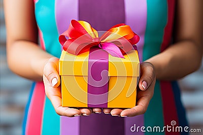 A womans hands hold a gift box with a ribbon Stock Photo