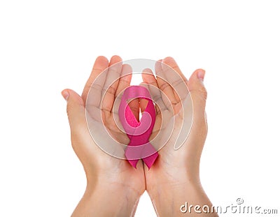 Womans hands holding pink breast cancer awareness ribbon isolate Stock Photo