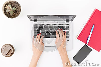 Womans hands on notebook working in clean and bright office, at home Stock Photo
