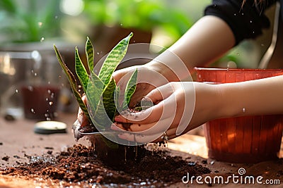 Womans hands plant sansevieria, cultivating life in fresh, nurturing soil Stock Photo
