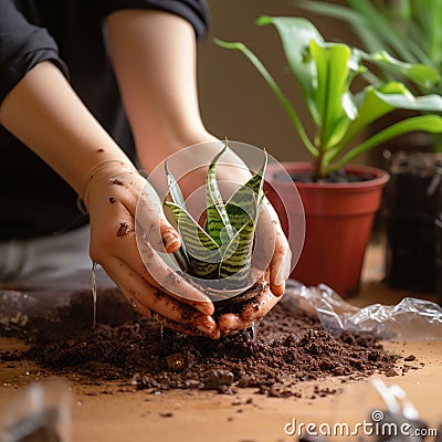 Womans hands plant sansevieria, cultivating life in fresh, nurturing soil Stock Photo