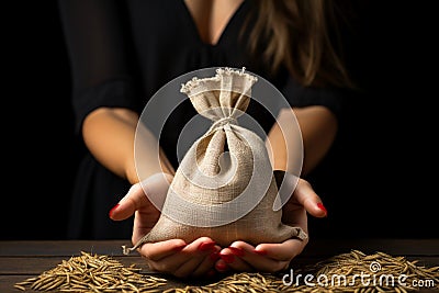 Womans hands showcase abundance with full burlap sack and chart Stock Photo