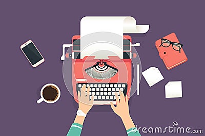 Womans hands typing on a vintage typewriter Vector Illustration