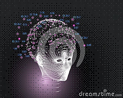Womans head grid and big data concept. Abstract artificial intelligence background. Machine learning aesthetic design. Polygonal Vector Illustration