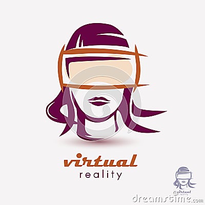 Womans head in VR glasses icon Vector Illustration
