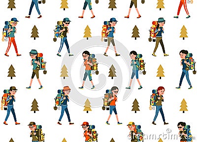 Womans hikers with backpack seamless pattern Vector Illustration
