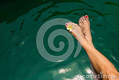 Womans legs with flower in swimming pool Stock Photo