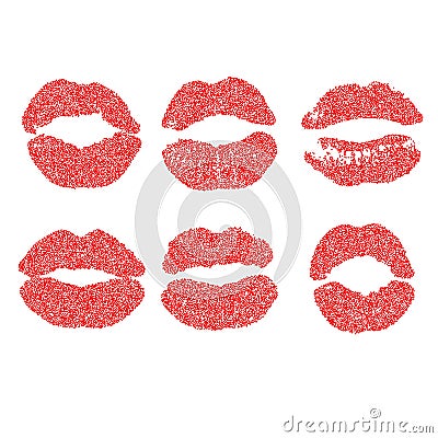 Womans lip dotted set. Girl mouths close up with red lipstick makeup. EPS vector. Vector Illustration