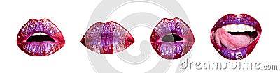 Womans lips expressed differernt emotions. Set of art lip close-up, female mouth. Red female lips collection. Collage Stock Photo