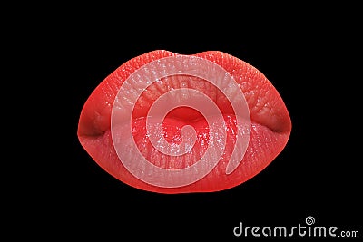 Womans lips kiss, close up isolated on black background. Isolated mouth. Stock Photo