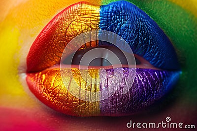 Womans Lips Painted With Rainbow Stock Photo
