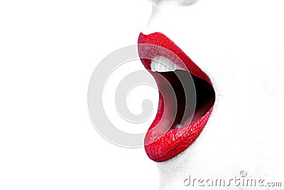 Womans mouth wide open with red lipstick. Stock Photo