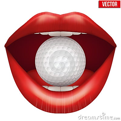 Womans open mouth with golf ball in lips. Vector Illustration