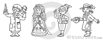 Womans profession coloring book set Vector Illustration