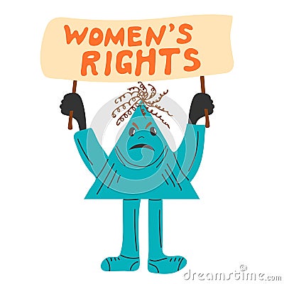 Womans rights. Person standing and holding Placard or Banner Vector Illustration