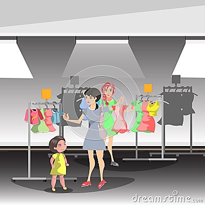 Womans in shop buy clothes. Vector Illustration