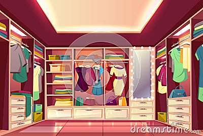 Womans walk-in closet interior cartoon vector Vector Illustration