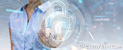 Womanusing digital padlock security interface to protect datas 3D rendering Stock Photo