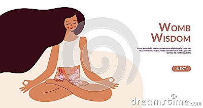 Womb wonder - gynecology and female intimate health concept banner template. Hand drawn woman with floral feminine Vector Illustration