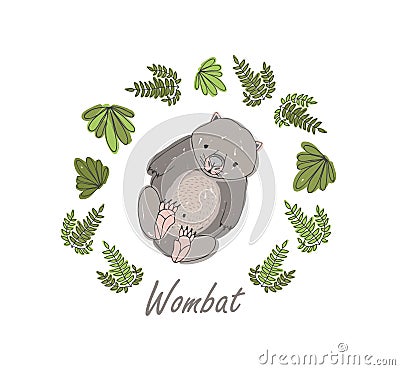 Wombat surrounded by plants isolated on white background. Hand drawn portrait of amusing wild marsupial herbivorous Vector Illustration