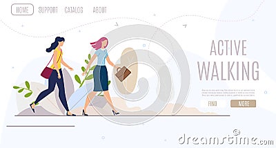 Women Active Walking Flat Vector Web Banner Vector Illustration