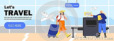 Women in airport banner vector concept Vector Illustration