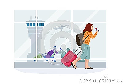 Women in airport. Cartoon passenger rolls suitcase on wheels. Female with tickets going to board. Character carrying Vector Illustration