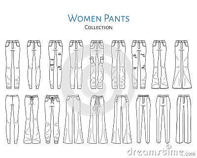 Women pants collection, vector sketch illustration. Vector Illustration