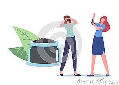 Women Applying Natural Mineral Mud or Charcoal Mask. Tiny Female Characters at Huge Cosmetic Jar Apply Spa Baths Vector Illustration