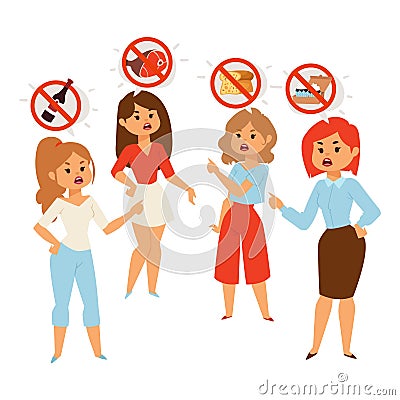 Women arguing about diet food and healthy eating, people vector illustration Vector Illustration