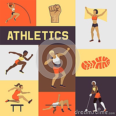 Women athletics banner, poster, brochure vector illustration. Exercising female in different poses. Woman figures are Vector Illustration