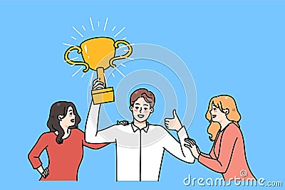 Women attracted to successful man with trophy in hands Vector Illustration