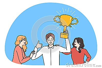 Women attracted to successful man with trophy in hands Vector Illustration