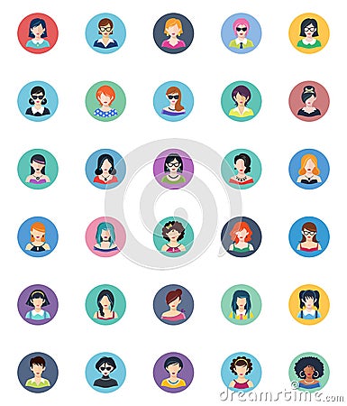 Women Avatars Flat Icons - Circle Version Vector Illustration