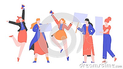 Women with bammers, placards and loudspeakers. Vector Illustration