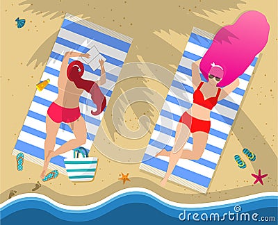 Young Girls in Swimwear Relaxing Lying on Beach Vector Illustration